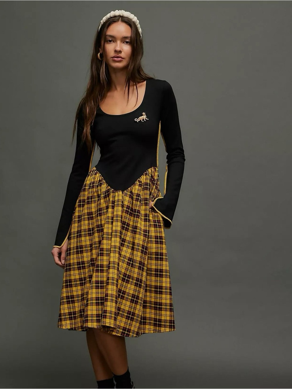 Eliza Faulkner x Free People The Joan Midi Dress in Yellow Plaid Large